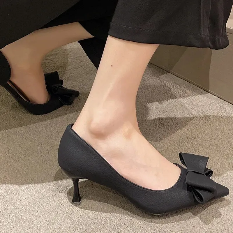 Women Bowknit Thin Heels Pumps Blue Elegant Slip-On Party Shoes Woman Summer Pointed Toe Solid Color High Heels - WSHP50101