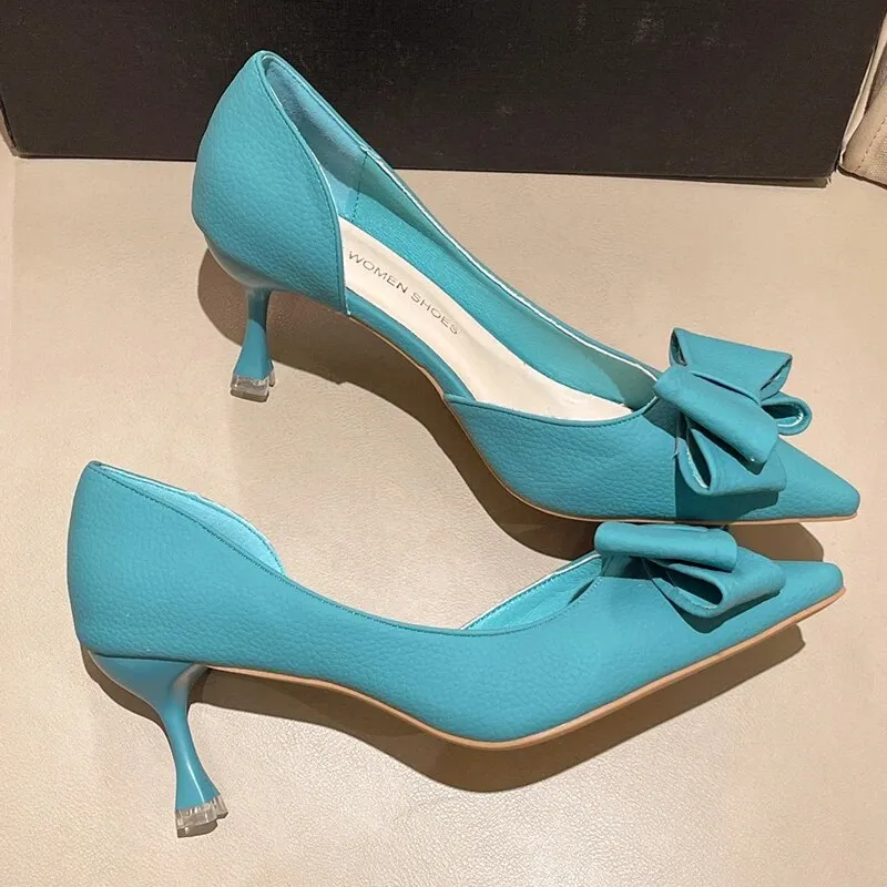 Women Bowknit Thin Heels Pumps Blue Elegant Slip-On Party Shoes Woman Summer Pointed Toe Solid Color High Heels - WSHP50101