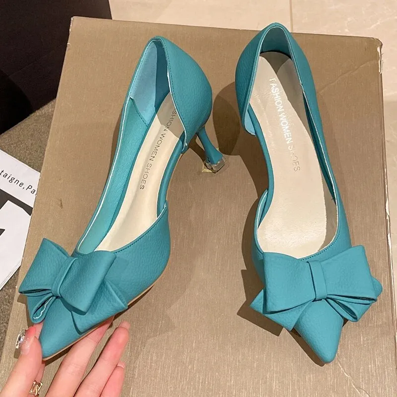 Women Bowknit Thin Heels Pumps Blue Elegant Slip-On Party Shoes Woman Summer Pointed Toe Solid Color High Heels - WSHP50101