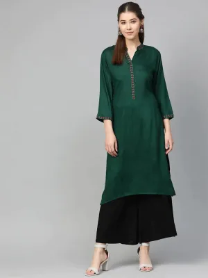 Women Green Embroidered Straight Kurta