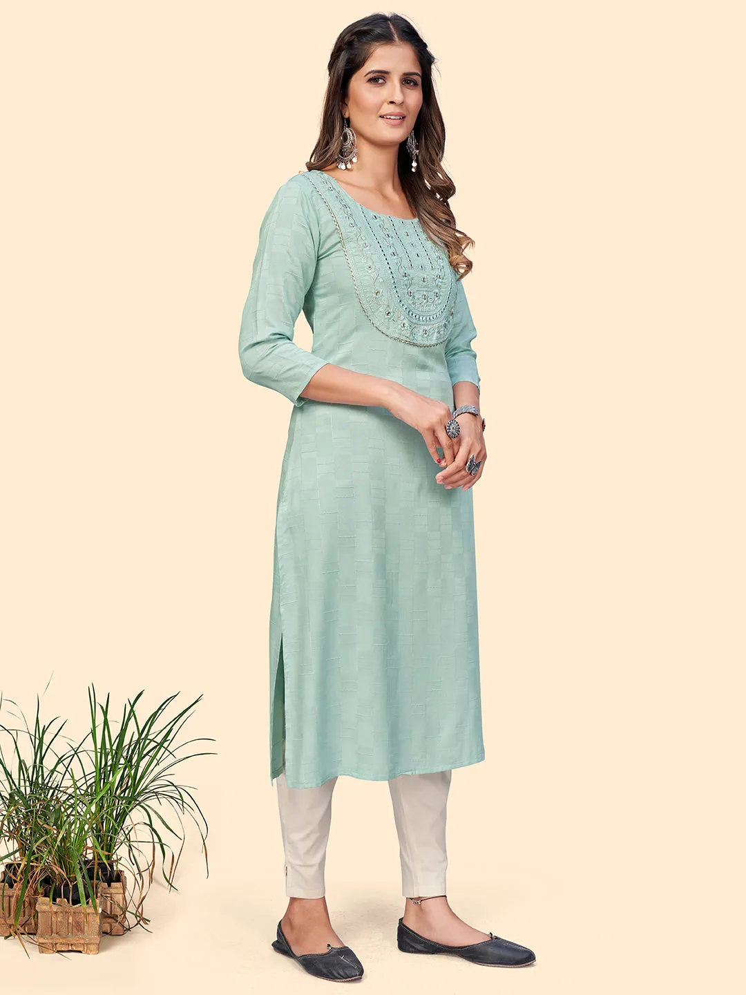 Women'S Embroidered & Mirror Straight Fancy Rayon Grey Stitched Kurta