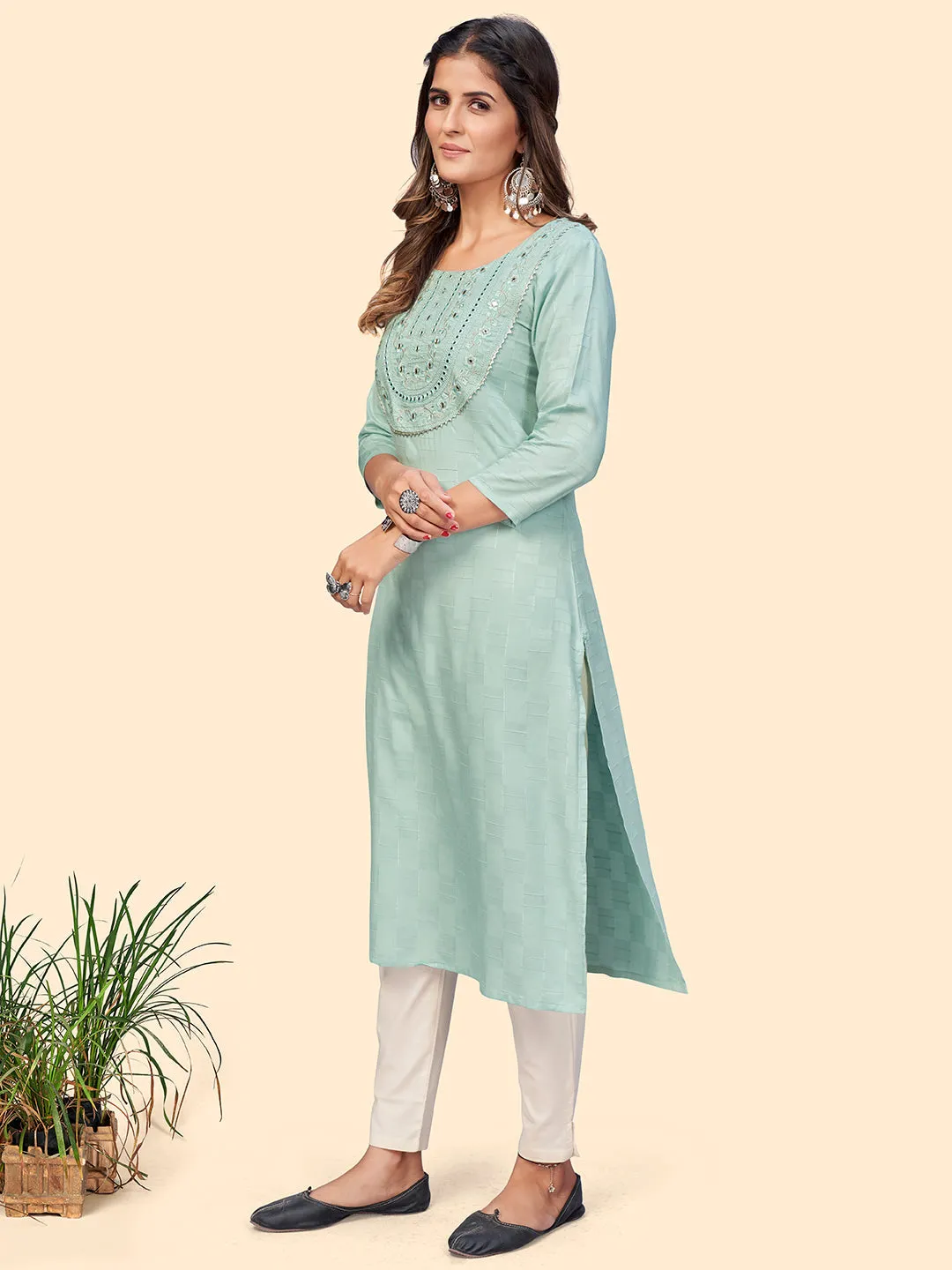 Women'S Embroidered & Mirror Straight Fancy Rayon Grey Stitched Kurta